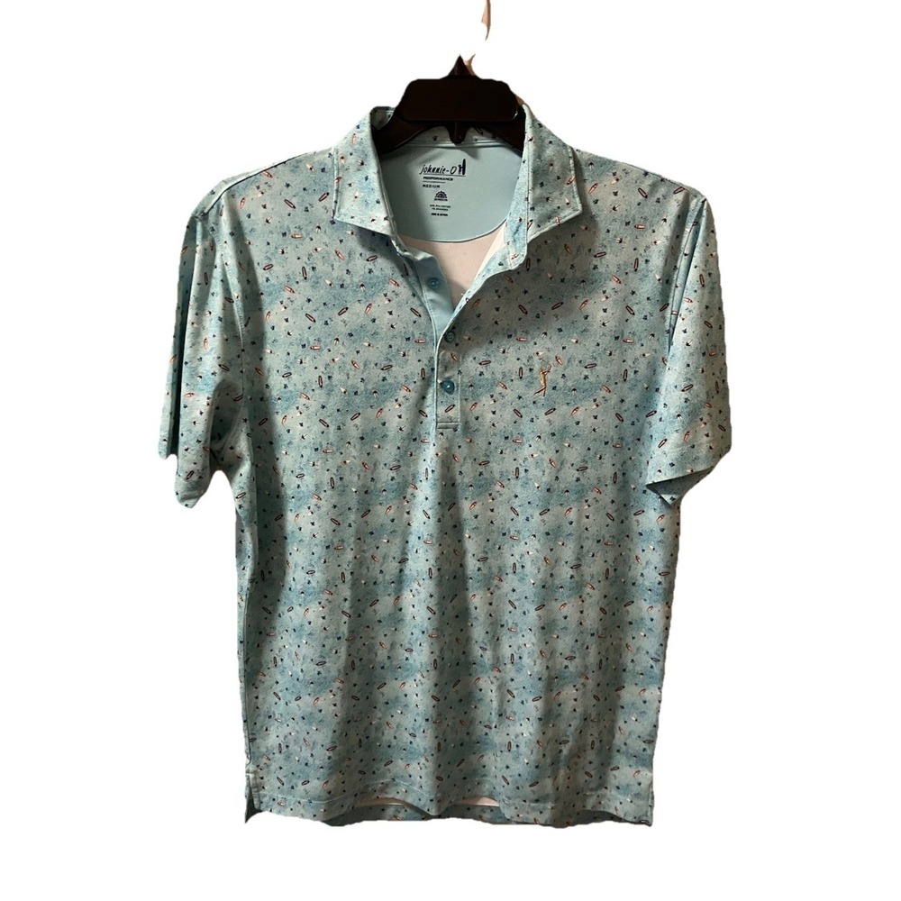 johnnie-O Kamp Polo Shirt Performance Golf Surf Print Size M Peacock Teal